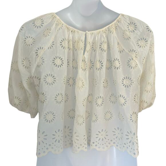 Madewell Embroidered Shirred Puff-Sleeve Eyelet Off White Top S Small New - Picture 6 of 10